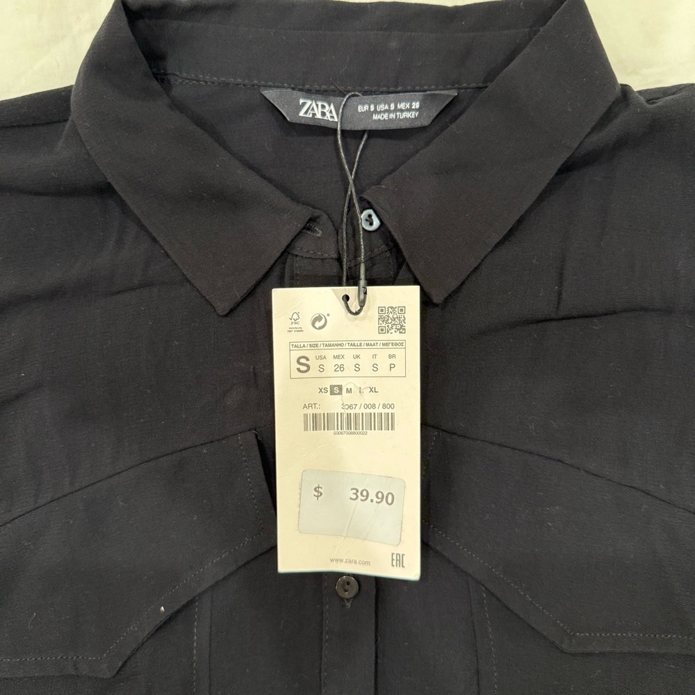 NWT Zara Black Sheer Button-Up Cropped Shirt - Picture 6 of 7